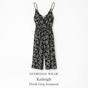 NWOT Black Floral Wide Leg Crop Jumpsuit Faux Wrap Strappy Small